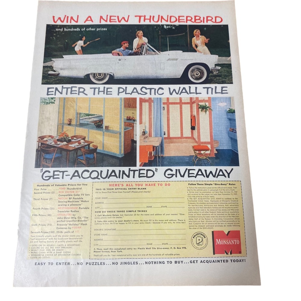 Vintage 1957 Monsanto Ford Thunderbird Giveaway & Westinghouse TV Magazine Ad